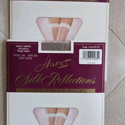 2 Vtg Hanes Silk Reflections Silky Thigh Highs Stockings-Taupe & Black-Size CD
